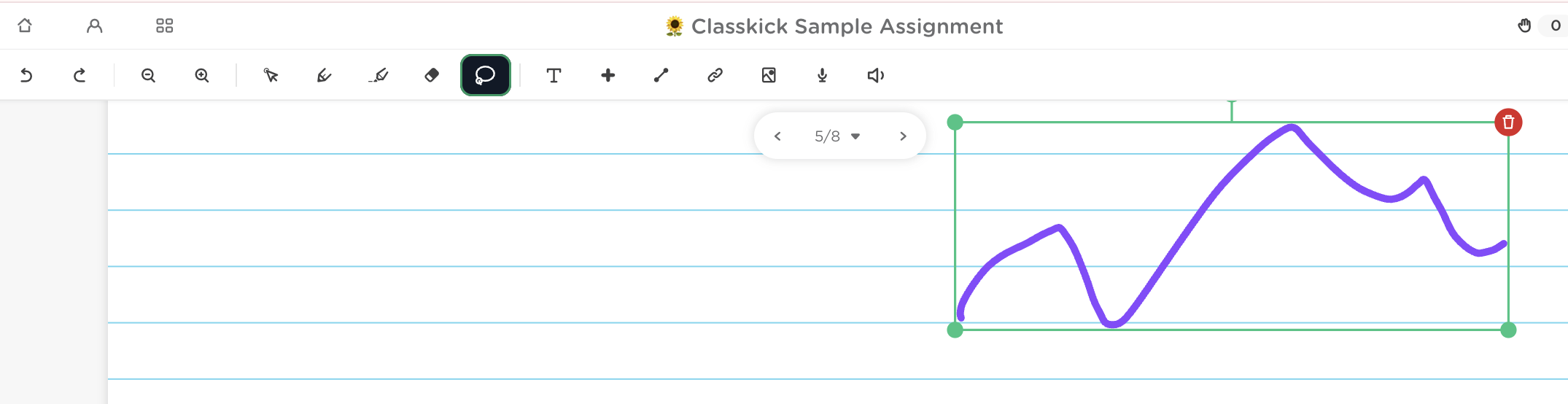 Selected pen strokes moved to a new location on a Classkick slide.