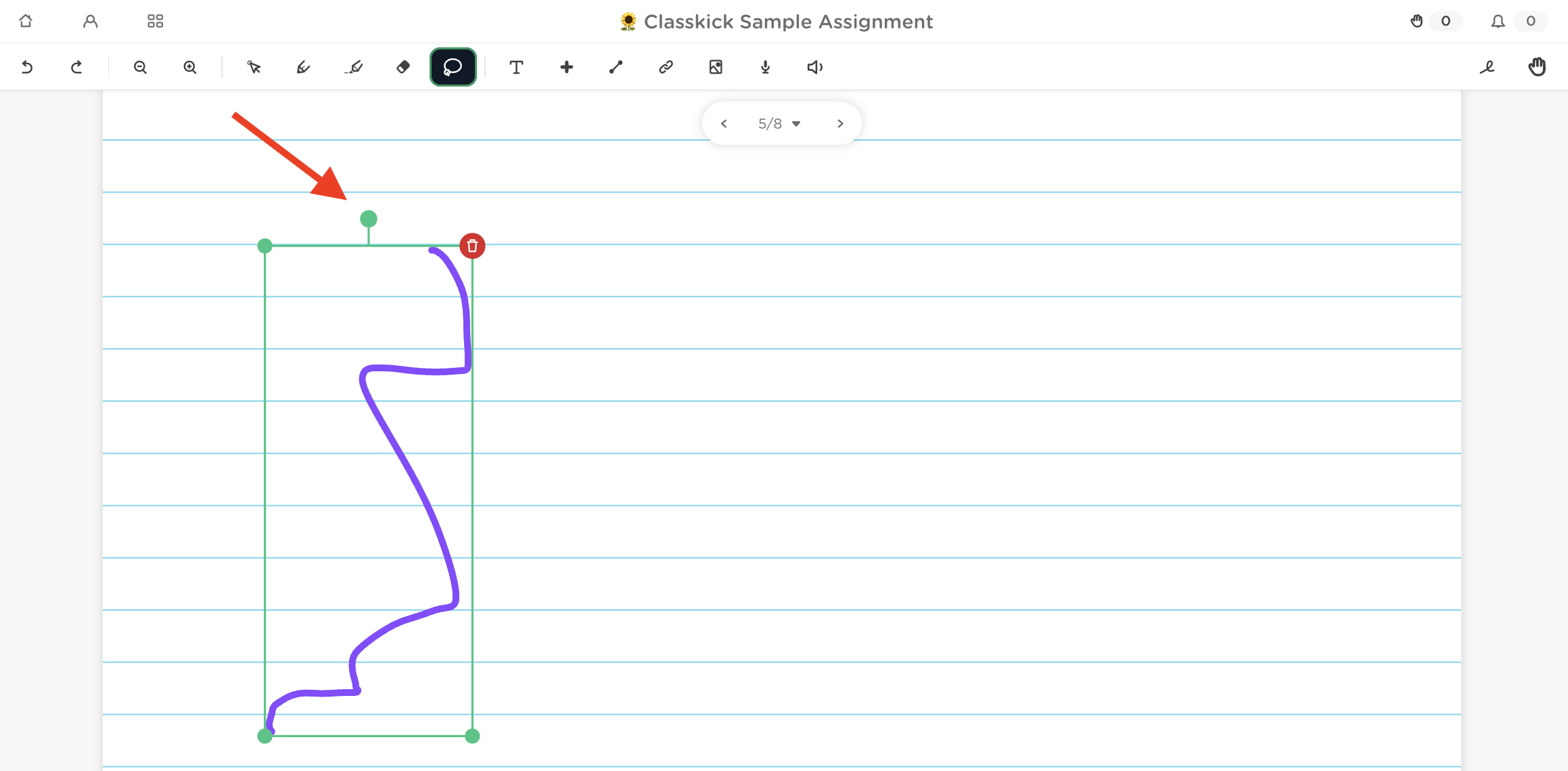 Selected pen strokes showing the resize handles, rotation handle, and delete button.