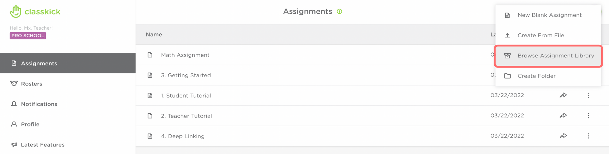 The assignments dashboard. In the upper right hand corner, text that reads browse assignment library is outlined in red.