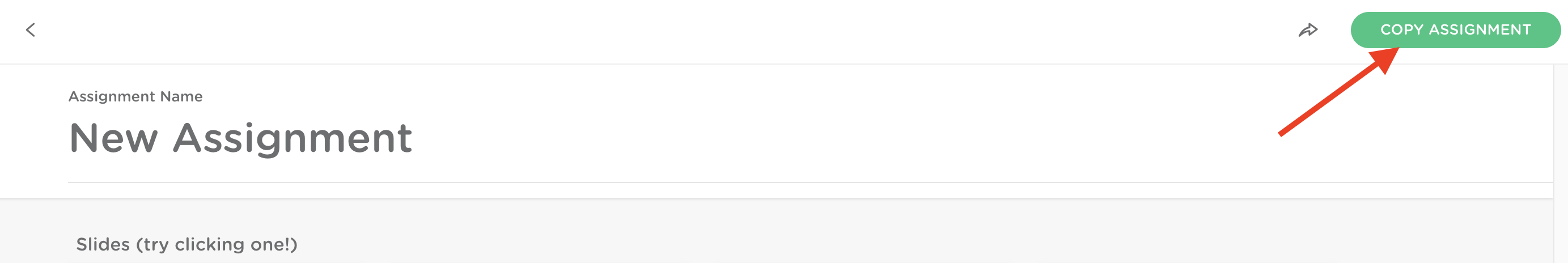 The view when clicking into a shared assignment. Copy assignment is outlined in red on the upper right hand side.