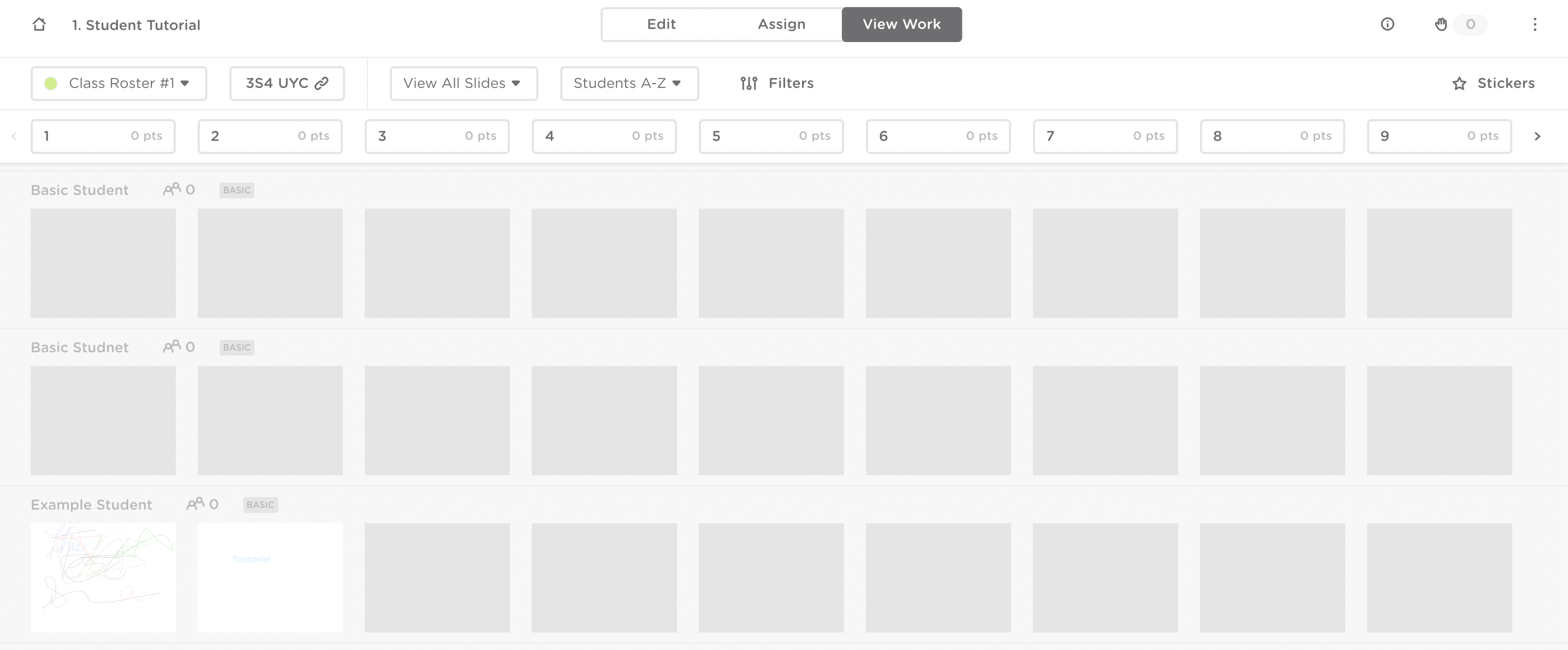 The teacher’s view work dashboard. Slides that students have not started are shown as gray thumbnails. Slides that students have started are shown as the slide thumbnail.