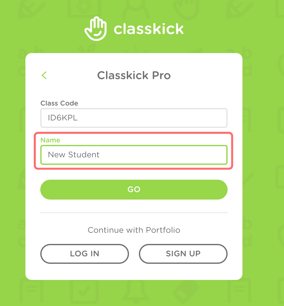 The Classkick login page when students use a Class Code. An example Class Code is given in the class code box. The student's name box is outlined in red.