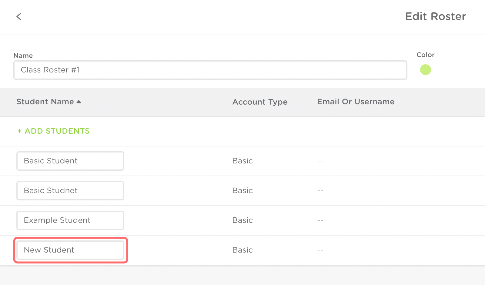 An example of a Classkick roster with Basic students. One student's name is outlined in red.