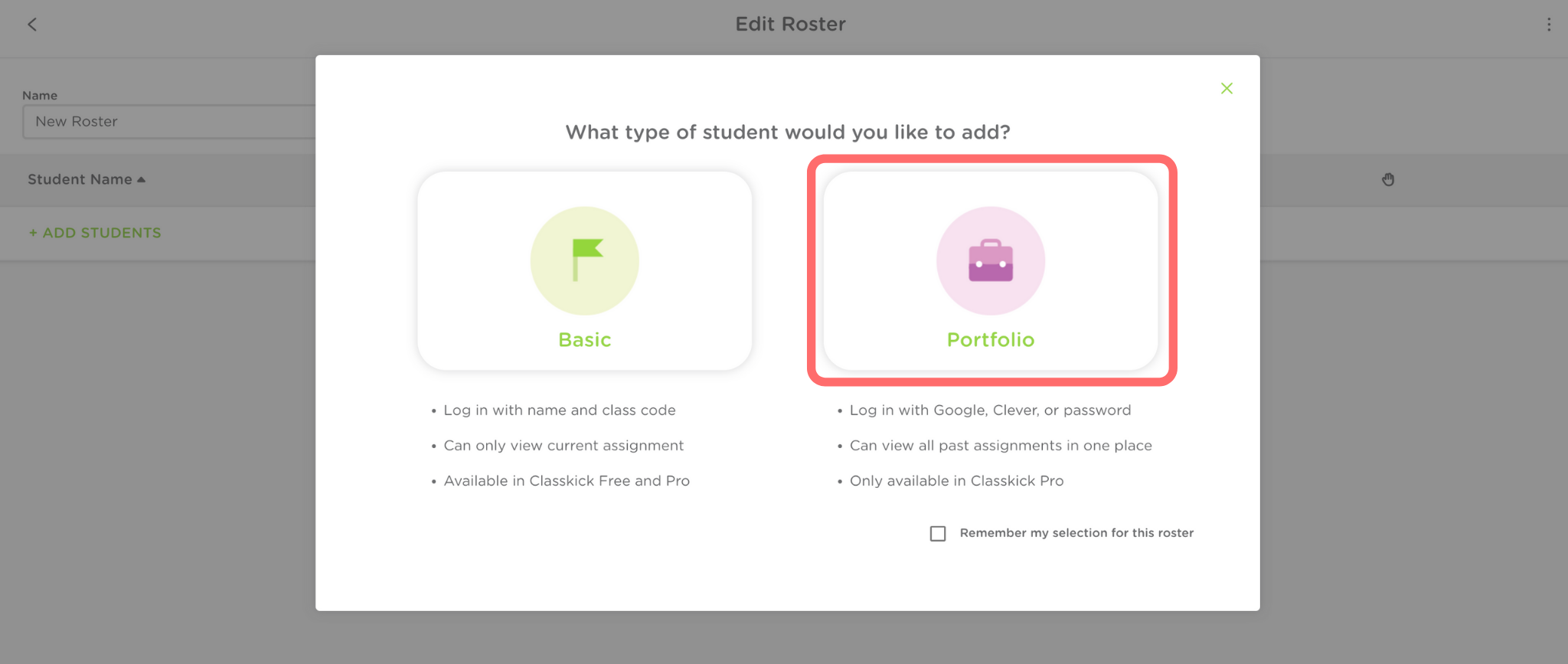 The Add student window. The portfolio button is outlined in red.