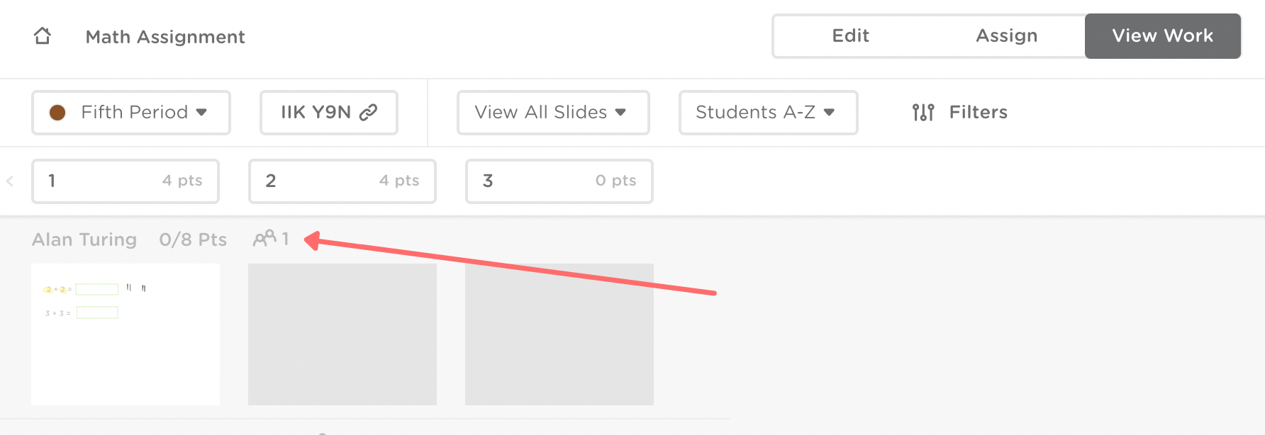 The teacher’s view of the view work tab. A red arrow points to the peer helpers icon with the number one next to it.