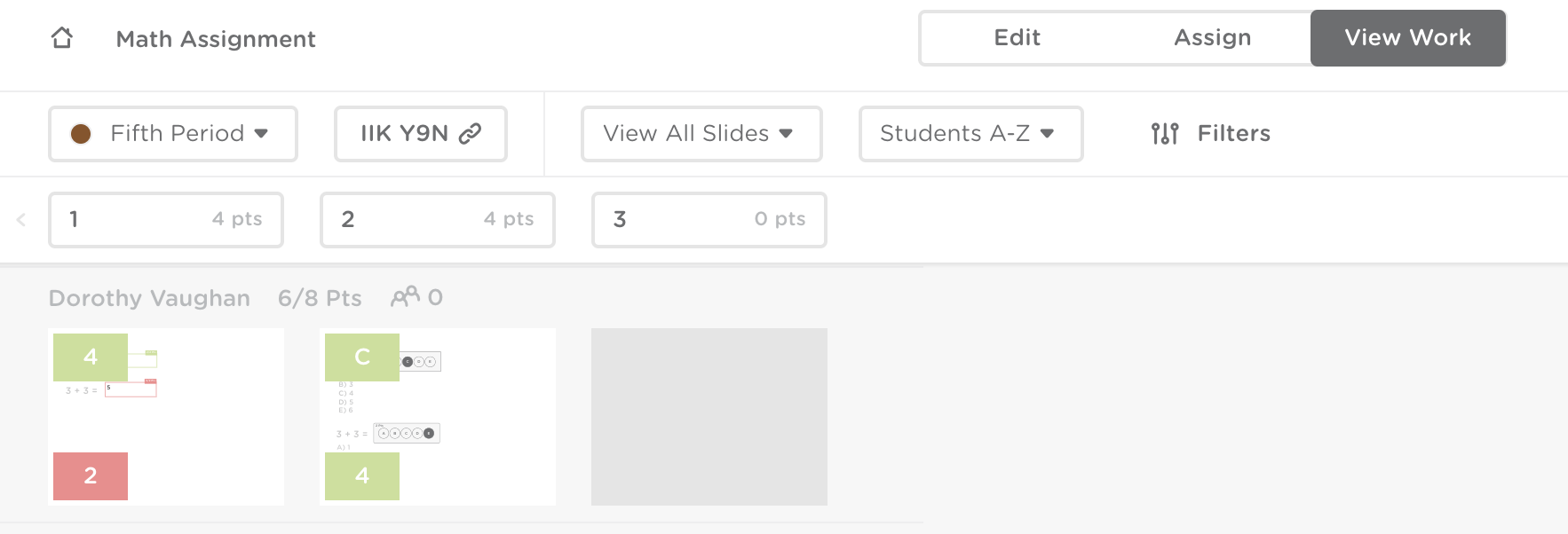 View work mode. The total number of points the student has gotten on the assignment is next to their name, and each thumbnail shows the total number of points the student has gotten on the slide.
