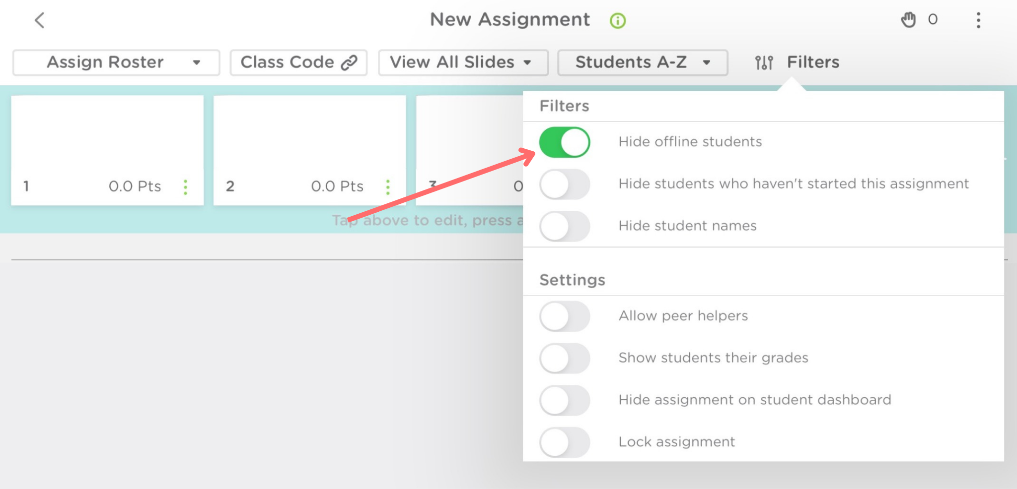 The Assignment view on the Classkick app. A red arrow points to hide offline students, which is toggled on.