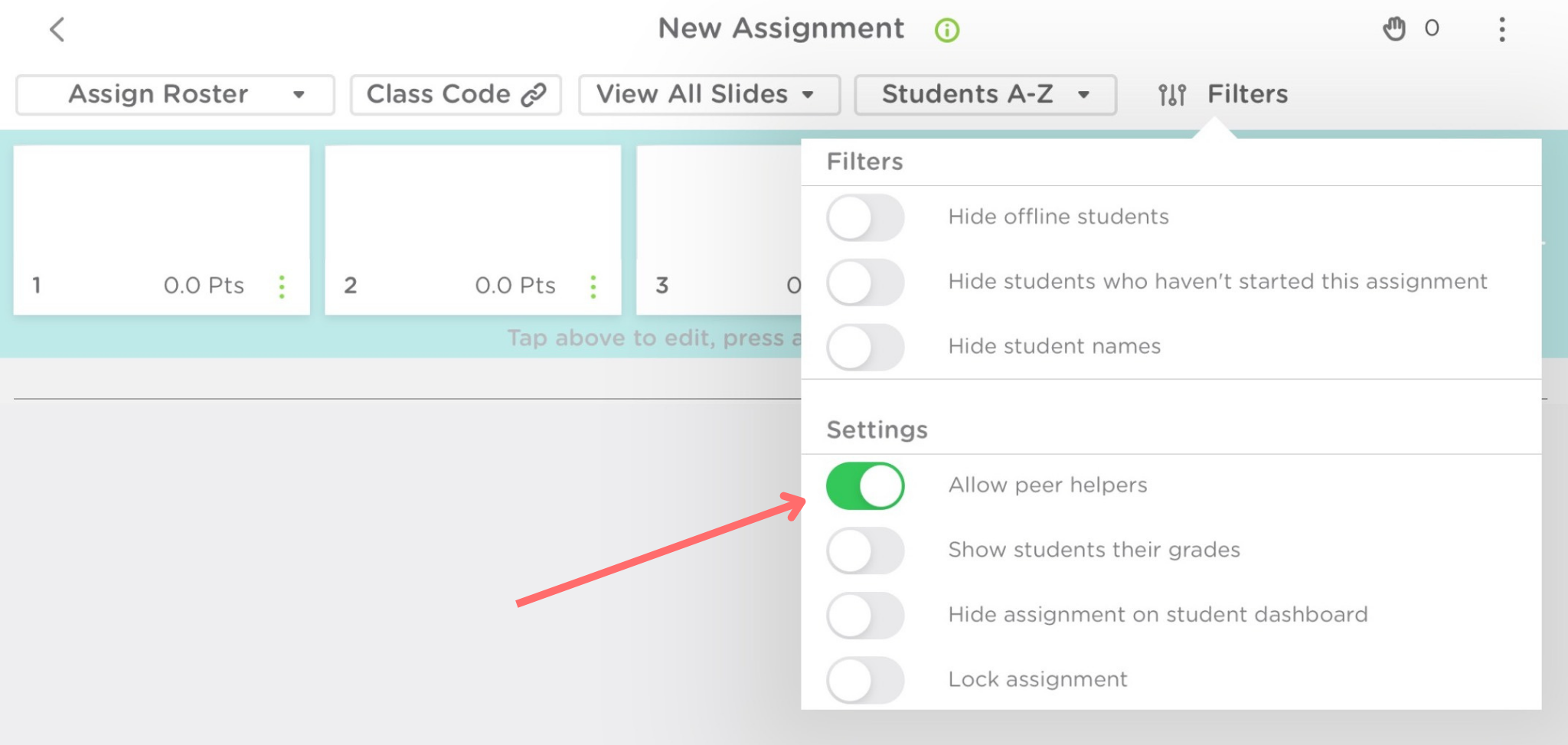The Assignment view on the Classkick app. A red arrow points to allow peer helpers, which is toggled on.
