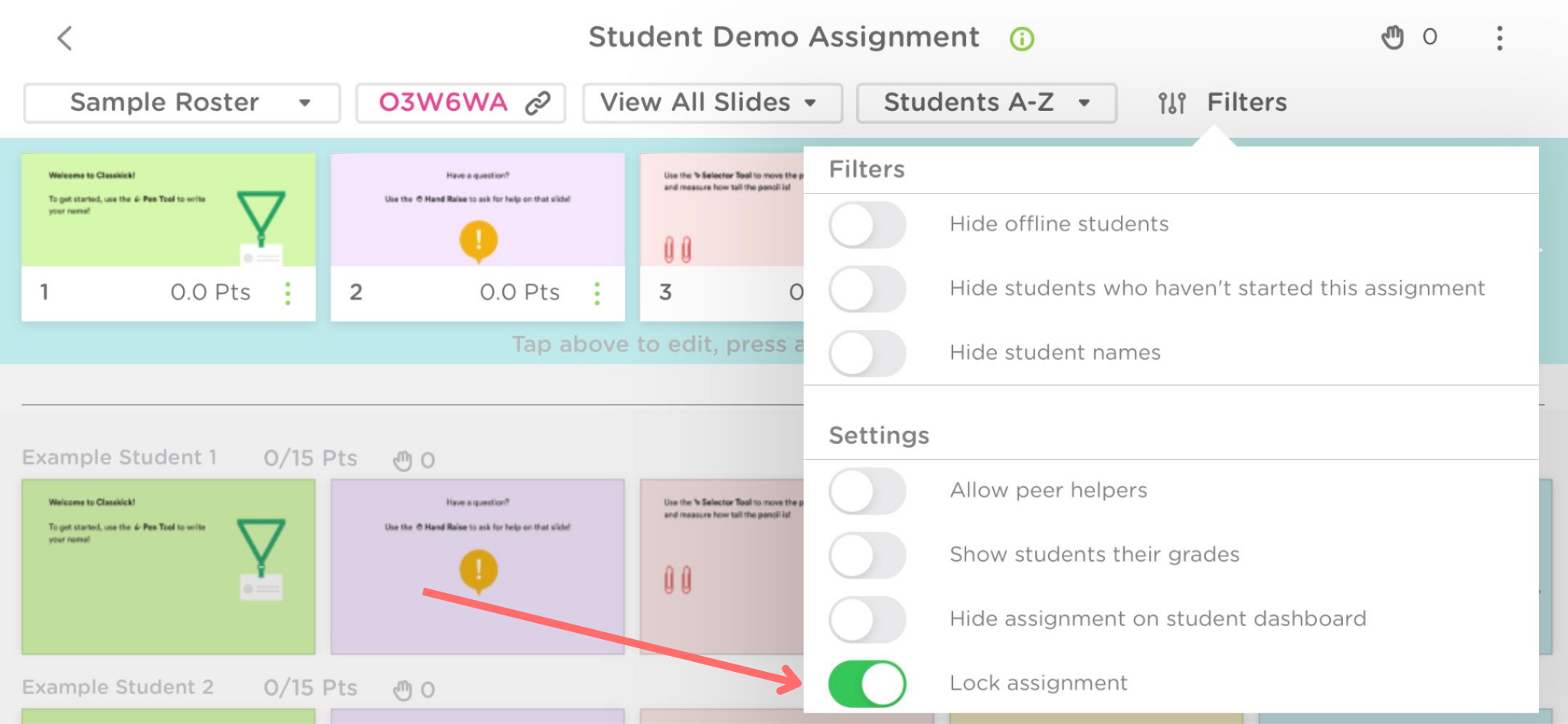 The Assignment view on the Classkick app. A red arrow points to lock assignment, which is toggled on.