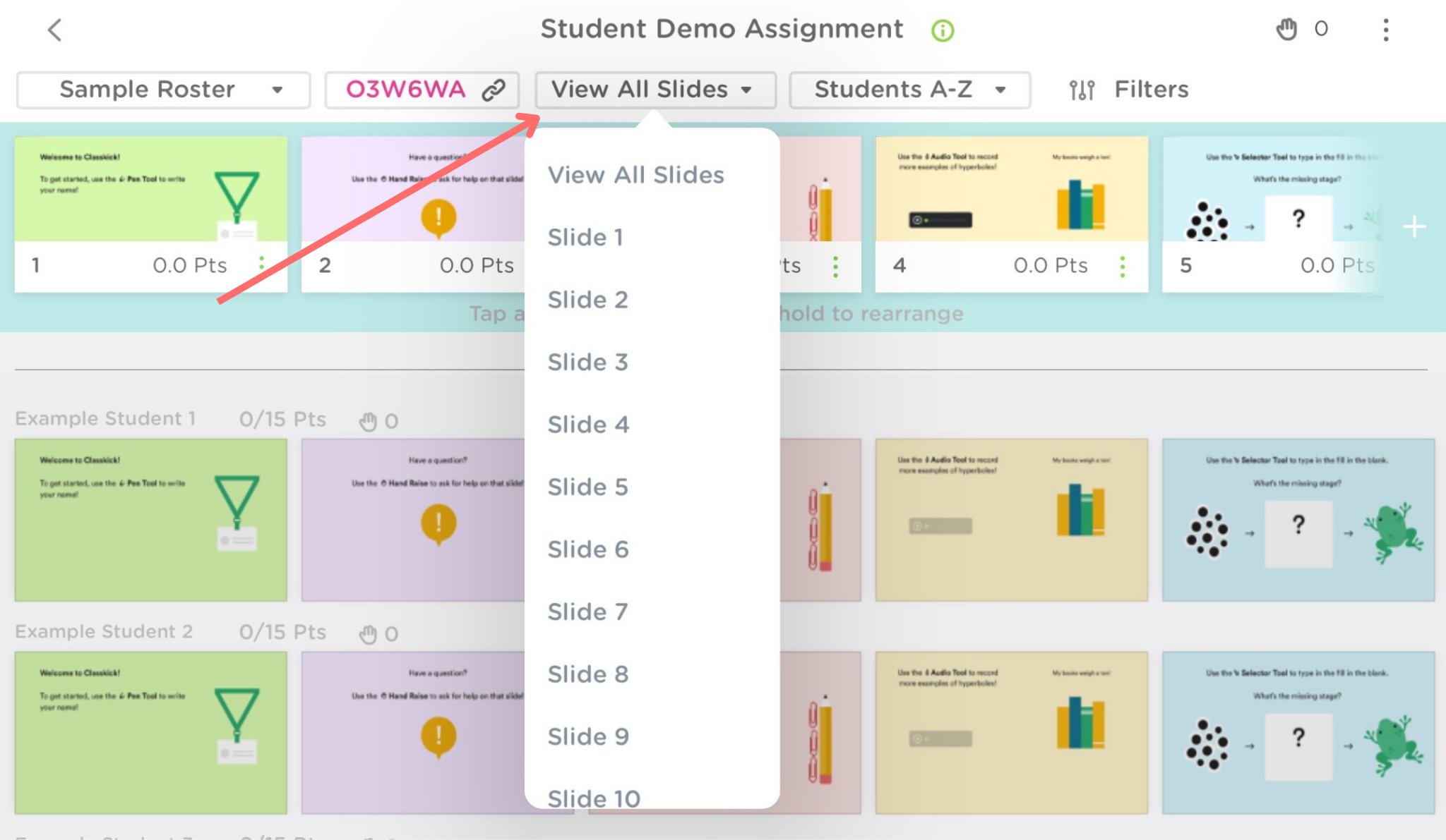 The view work dashboard on the Classkick app. A red arrow points to the view all slides drop down menu at the top of the page.