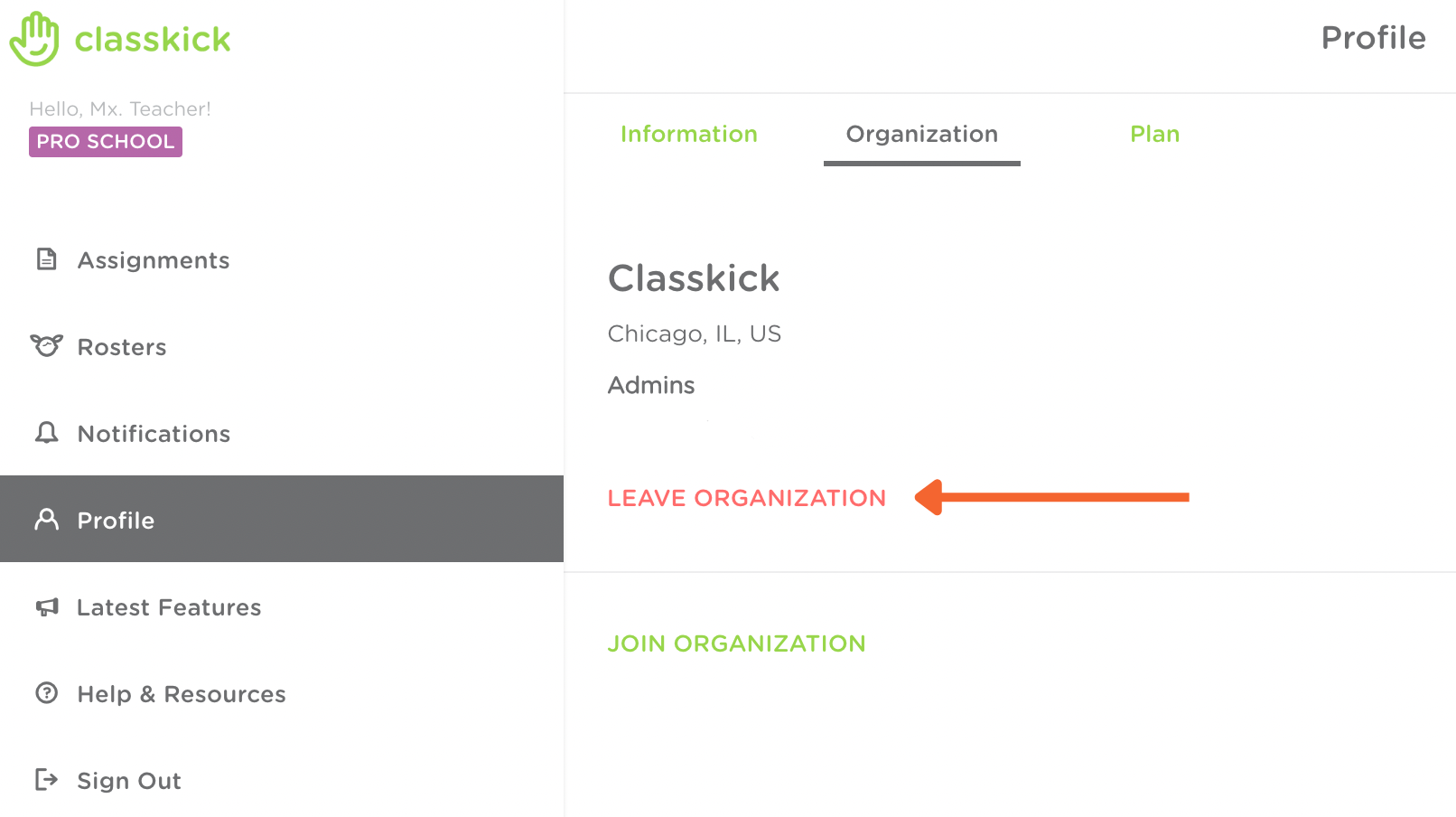 Screen grab of the Organization tab in Profile. A red arrow points to Leave Organization.