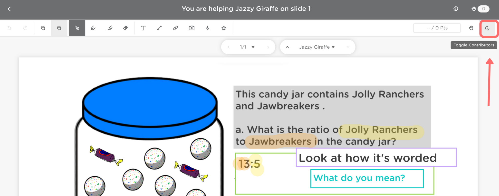 The student, Jazzy Giraffe's, slide 1 is shown. The Toggle Contributors button is highlighted in the top-right corner.