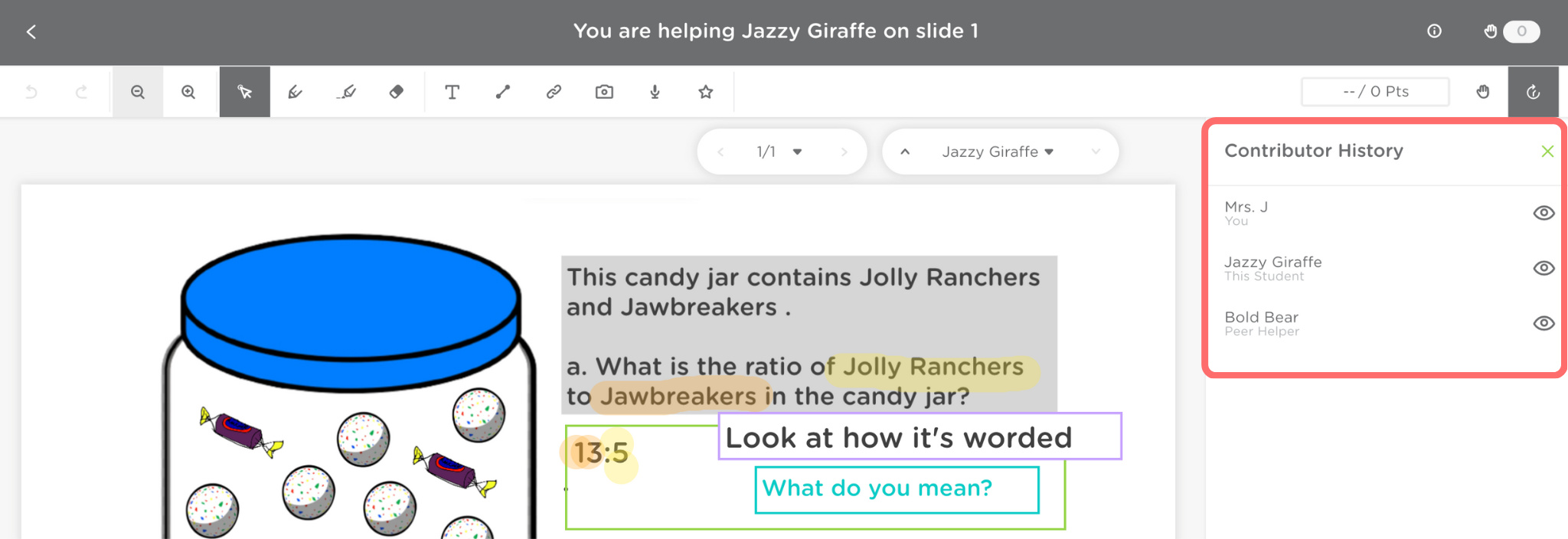 The Toggle Contributors button is selected and we see the Contributor History listed. Mrs. J, you (the teacher), Jazzy Giraffe, this student, and Bold Bear, a peer helper.