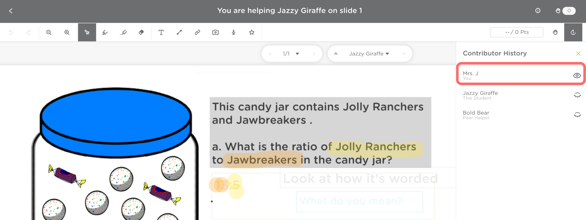 Mrs. J is selected and only her feedback is shown. She highlighted Jolly Ranches in yellow and Jawbreakers in orange.