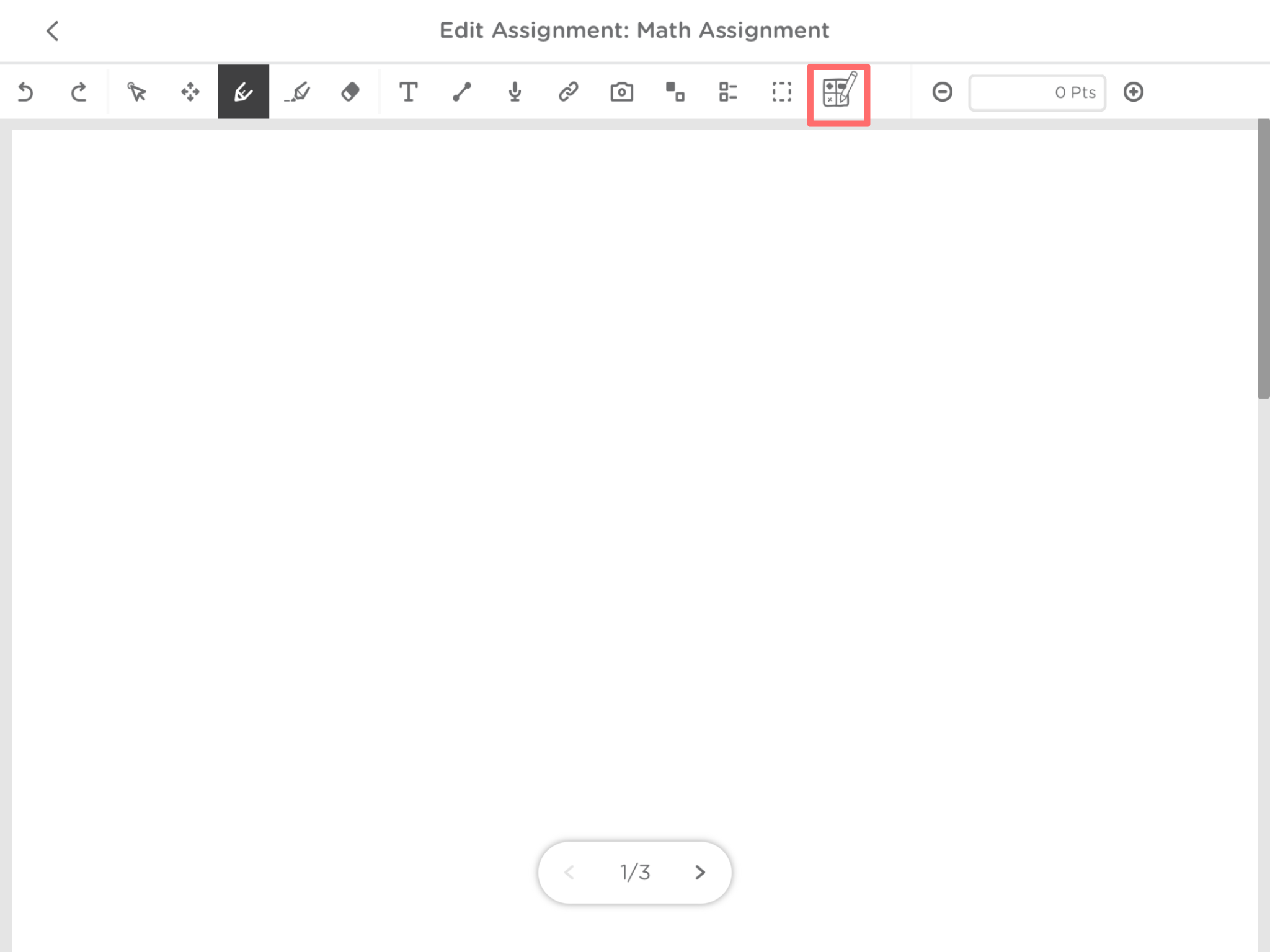 A blank slide in edit mode is shown. The Math Tool Button is highlighted in the toolbar.
