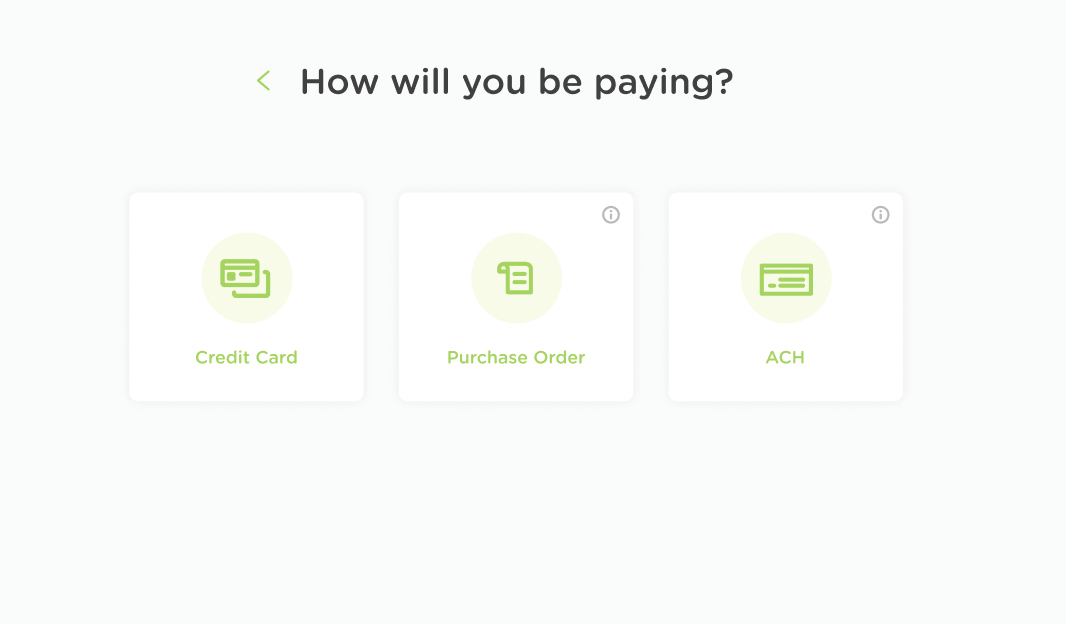 Different payment options within Classkick quotes. Three buttons read purchase order, credit card, and ACH.